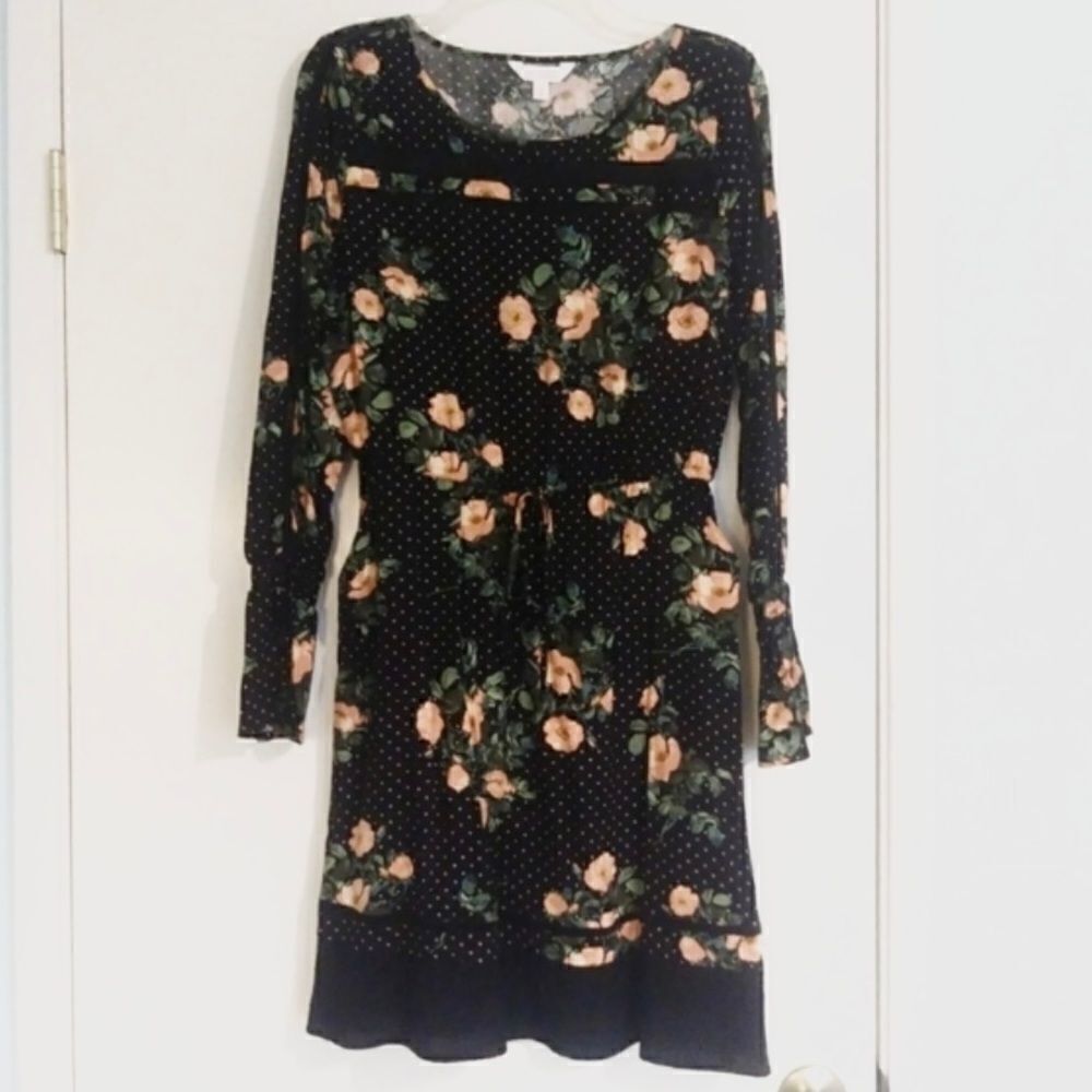 Lauren Conrad Black Floral & Polka Dot Long Sleeve Dress